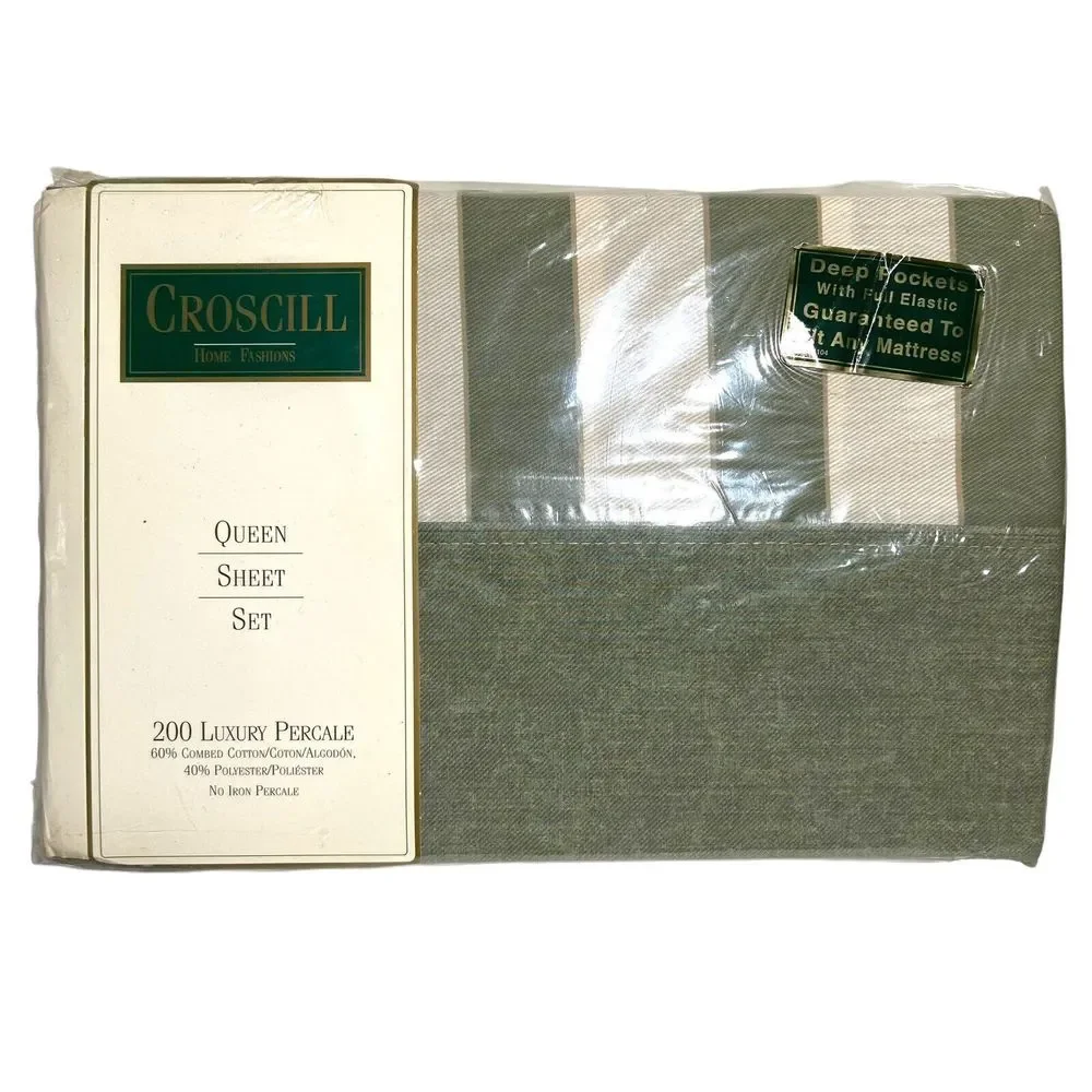 Vintage Croscill Queen Bedding Set Cotton Blend Denim Stripe 200 Luxury Percale